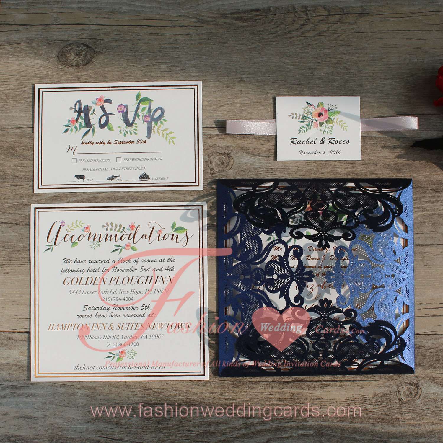 Graceful Navy Blue Laser Cut Wedding Invitation for Sale